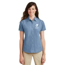 Ladies Short Sleeve Denim Shirt- Embroidered